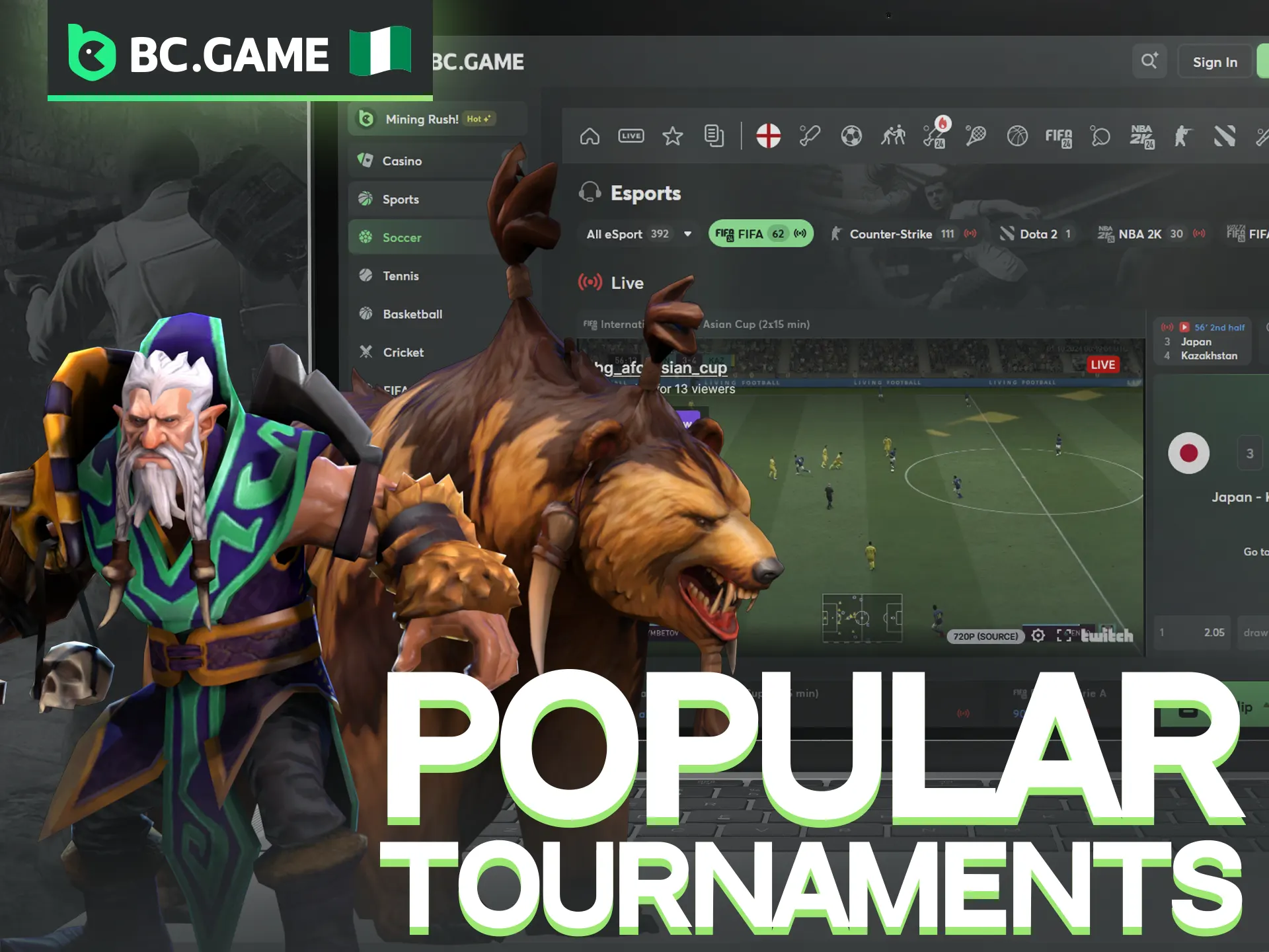 BC Game offers a wide range of esports tournaments for betting.