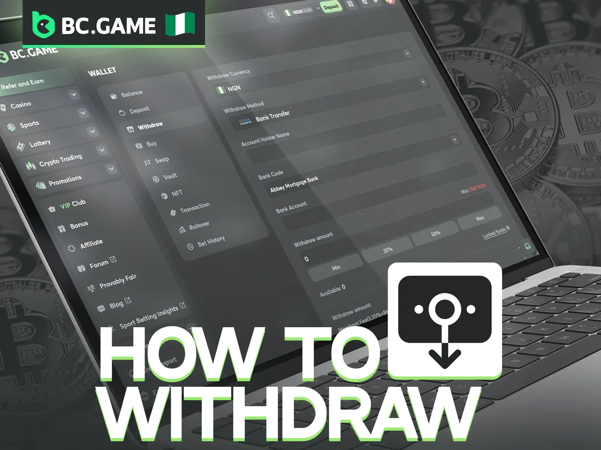 A step by step guide on how to withdraw money on a BC Game.