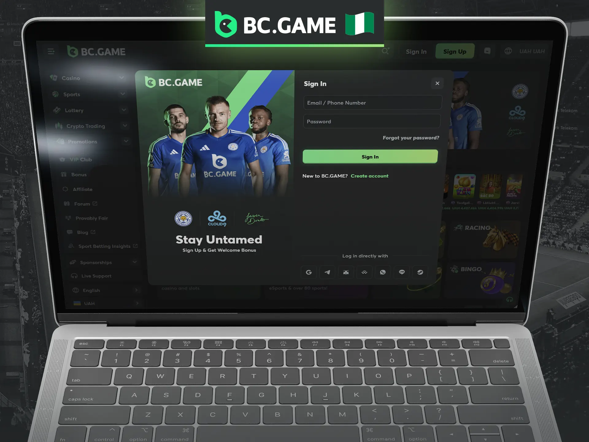 Log in to the BC Game online casino website.