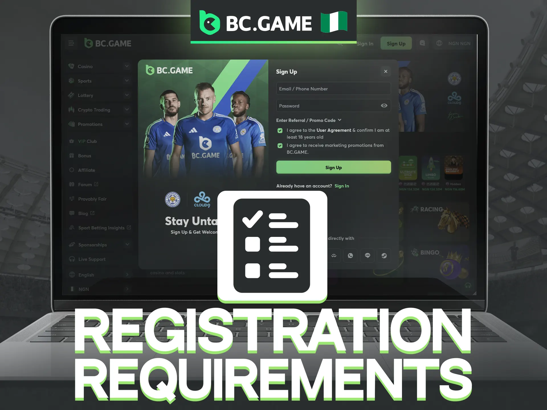 The requirements for registering a gaming account on the BC Game website are very simple.