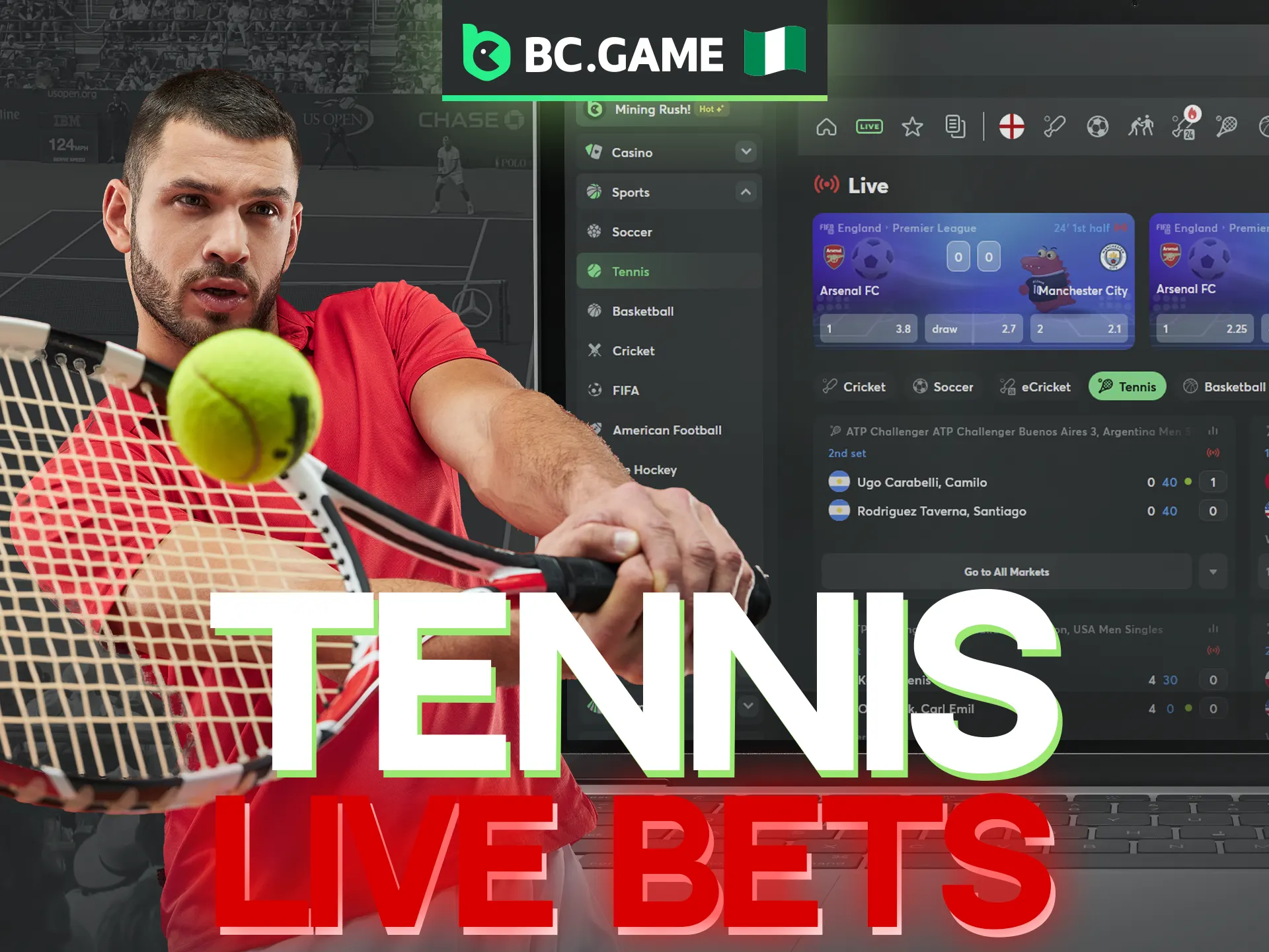 The BC Game platform offers real-time betting on a variety of tennis matches, including major tournaments and amateur tennis matches.