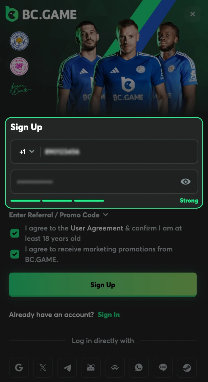 Fill out the registration form at BC Game.