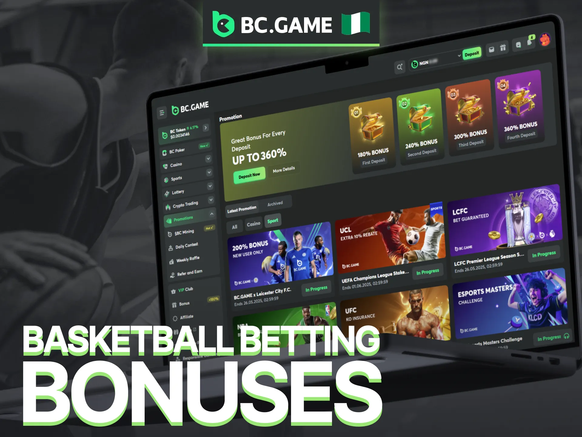 Enjoy basketball betting bonuses with BC Game in Nigeria.