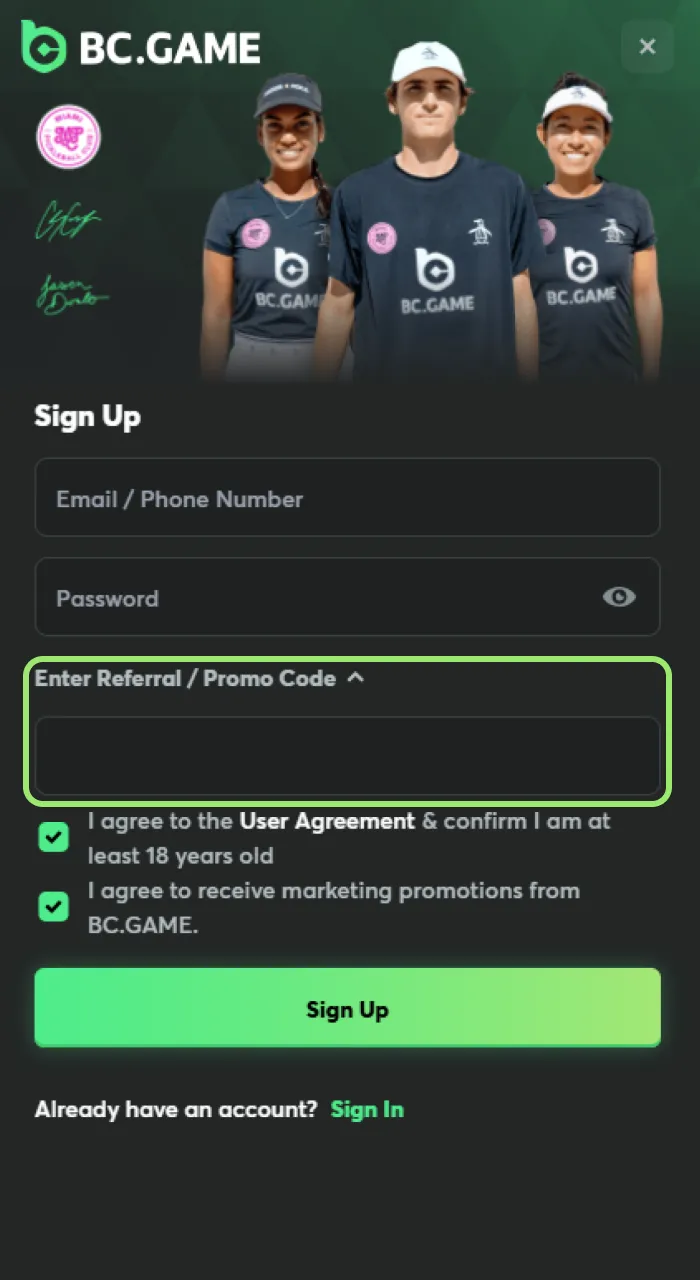 Add your promo code during BC Game registration for extra rewards.