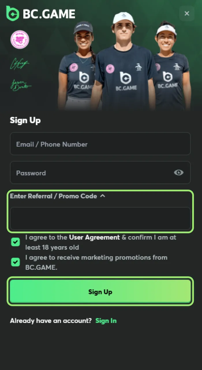 Complete your registration process on BC Game.
