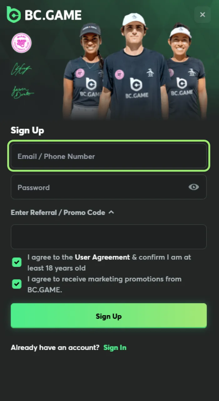 Provide your email address on BC Game Nigeria to continue signing up.