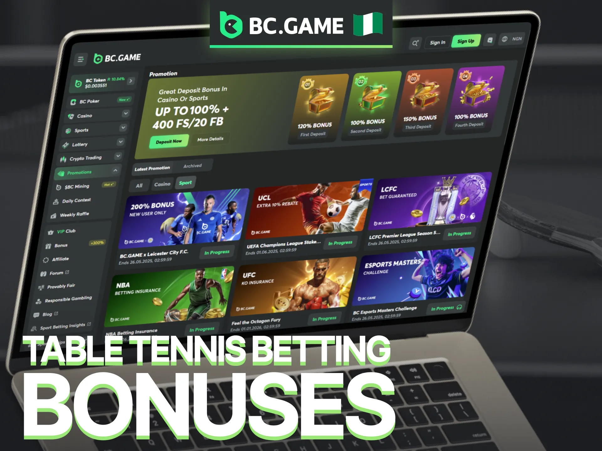 Claim table tennis betting bonuses through BC Game promotions.
