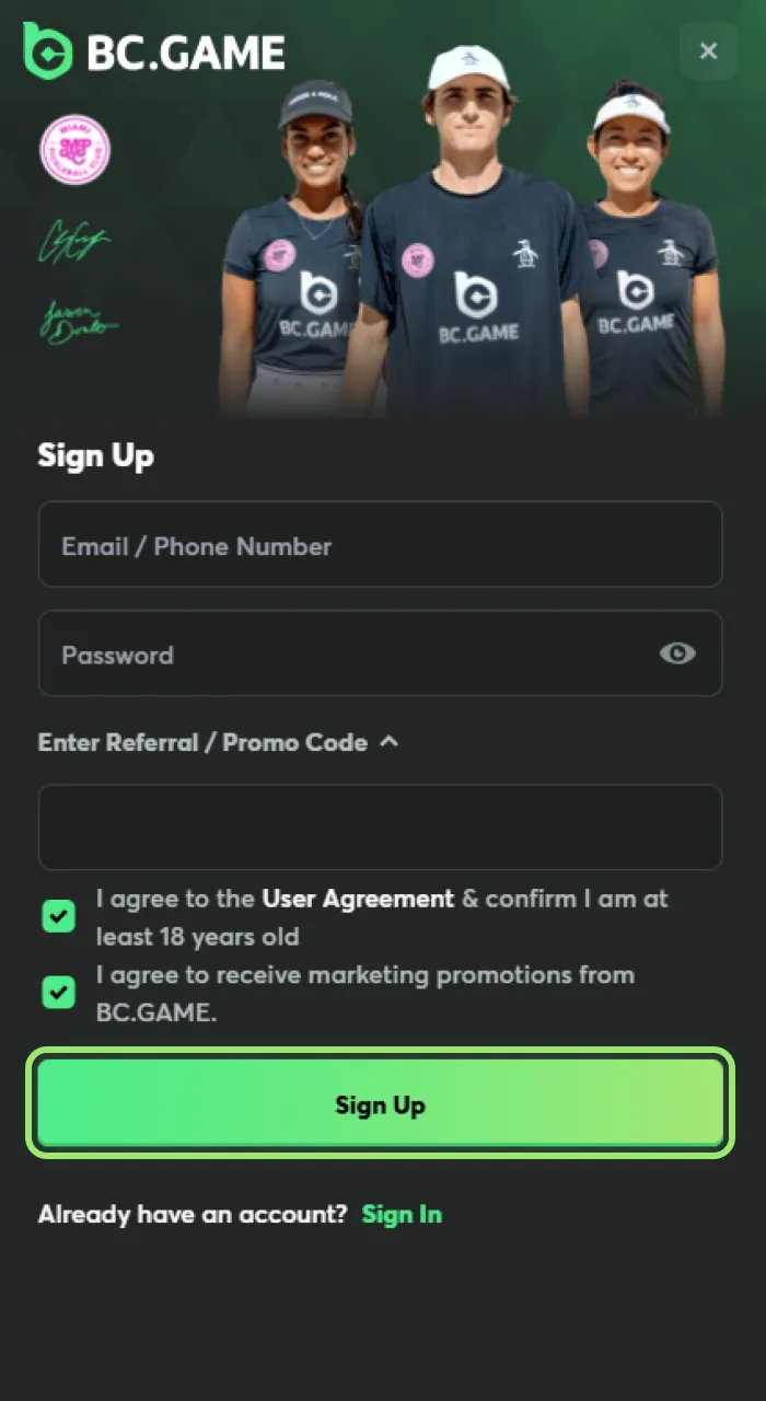 Finish your registration on BC Game and start betting on table tennis.