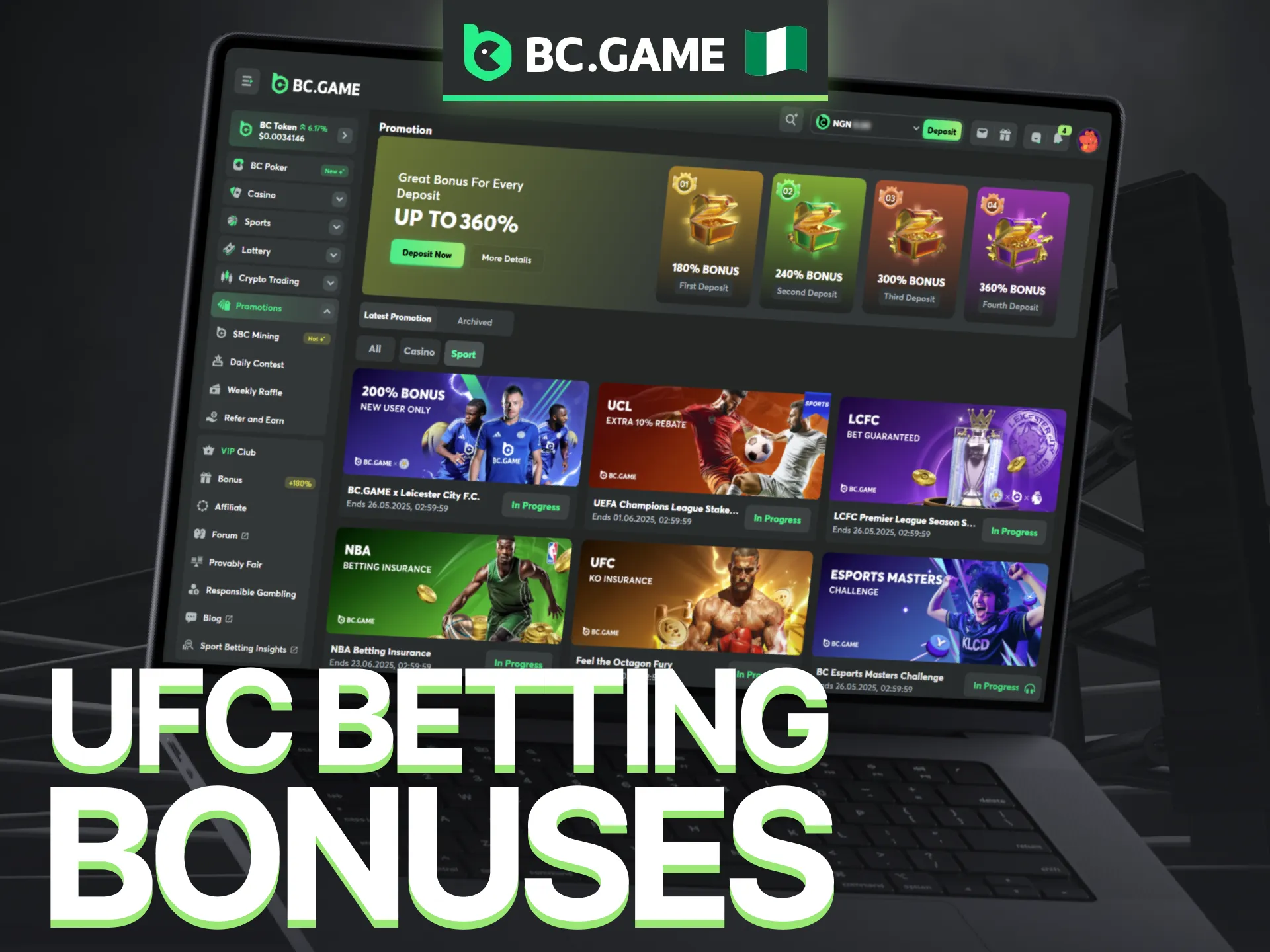 Unlock UFC betting bonuses with BC Game Nigeria promotions.