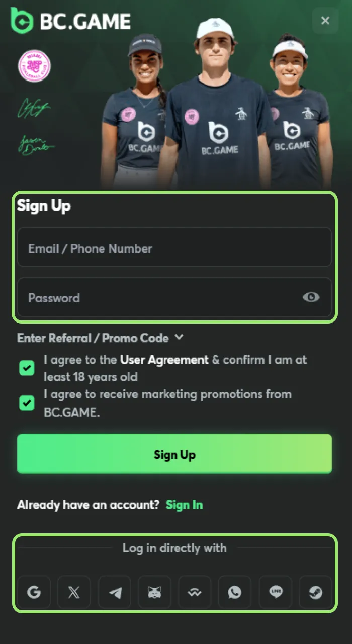 Choose your preferred registration method on BC Game Nigeria.