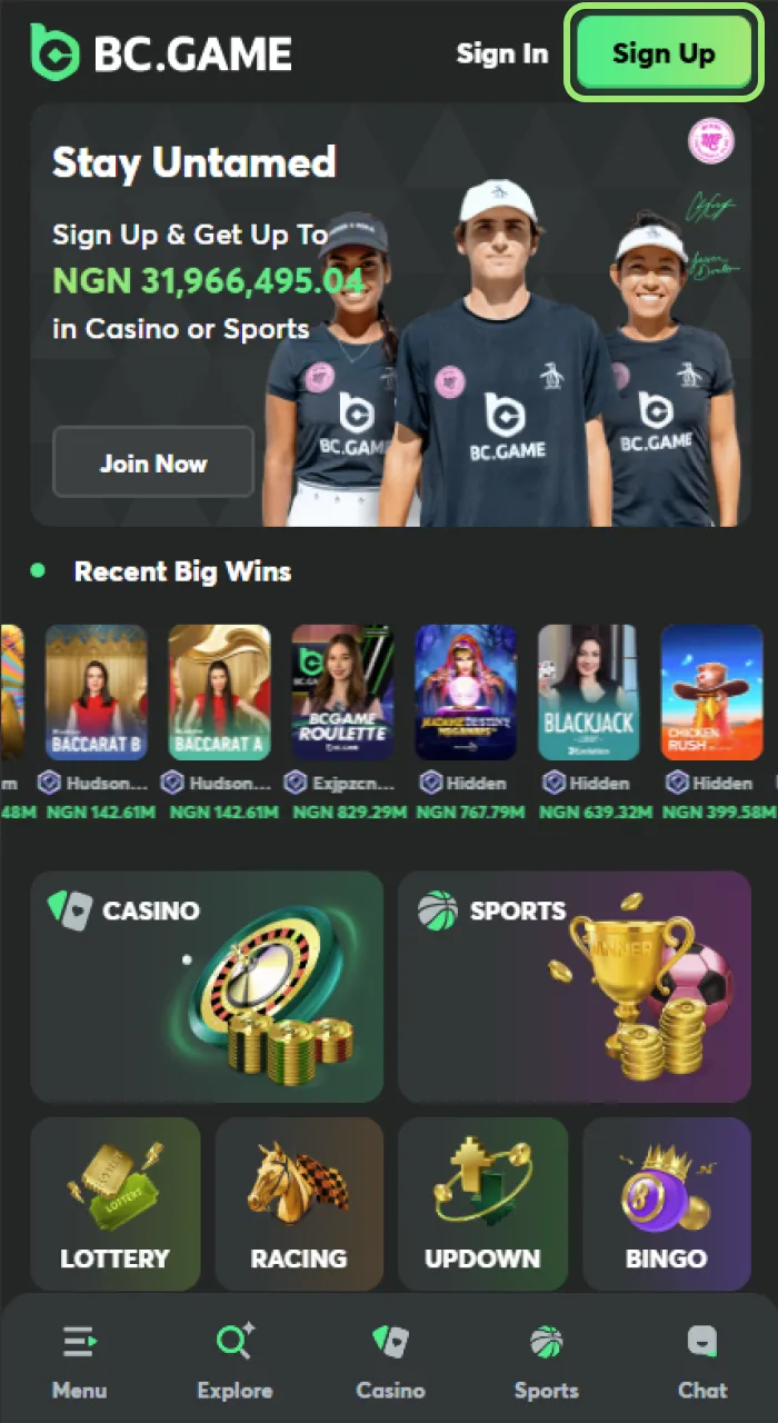 Click Sign Up on the BC Game Nigeria platform to join now.