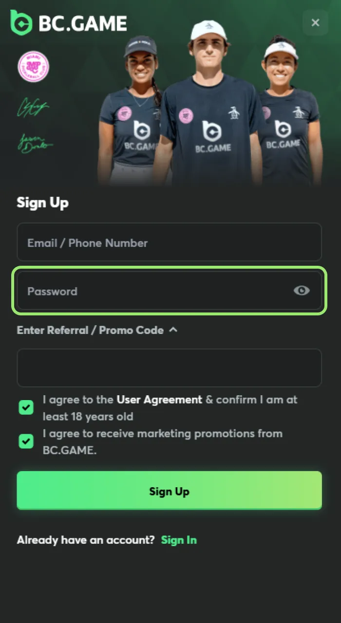 Set a secure password to complete BC Game Nigeria registration.