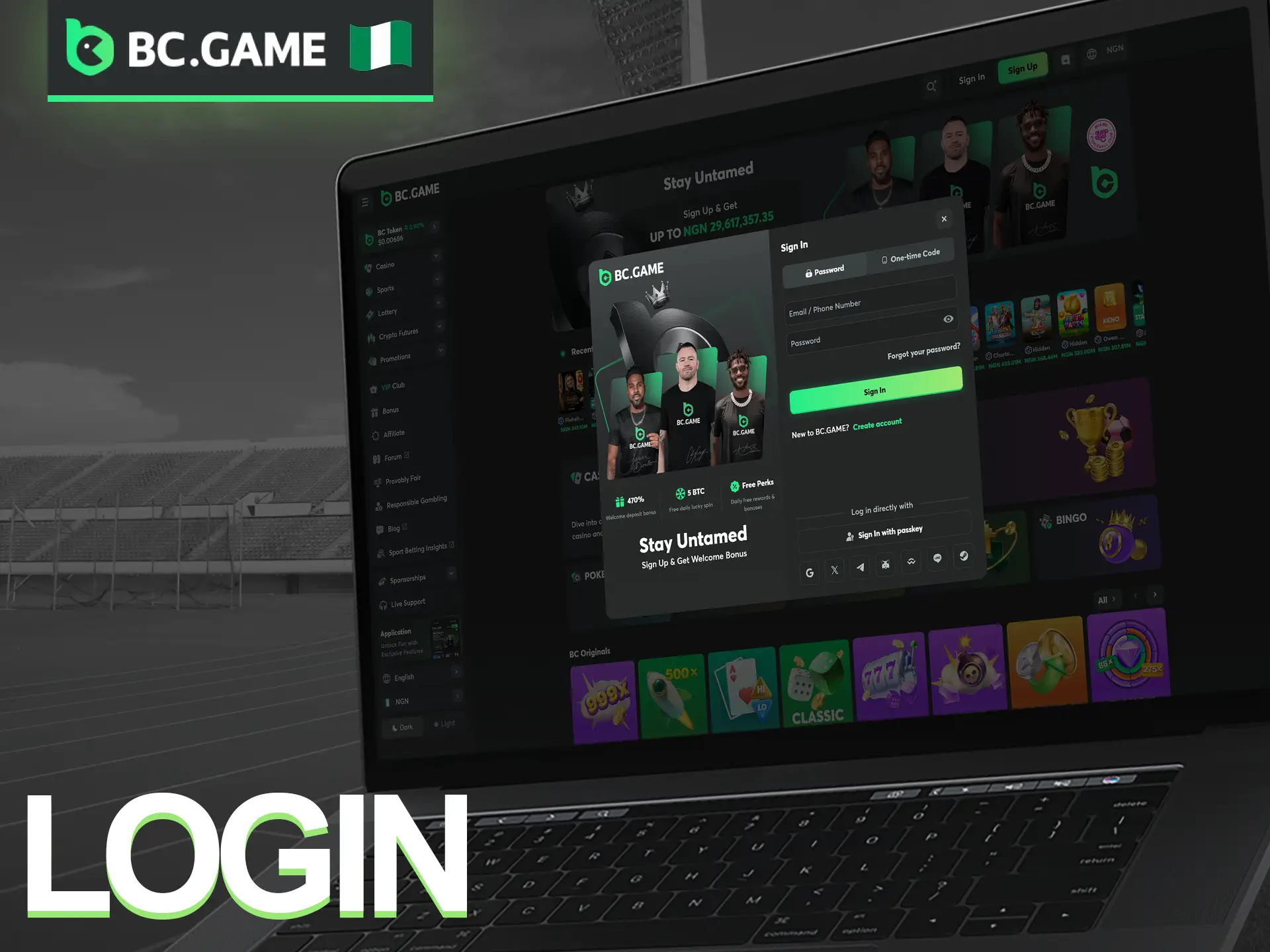 Log in to your BC Game account using your email and password.
