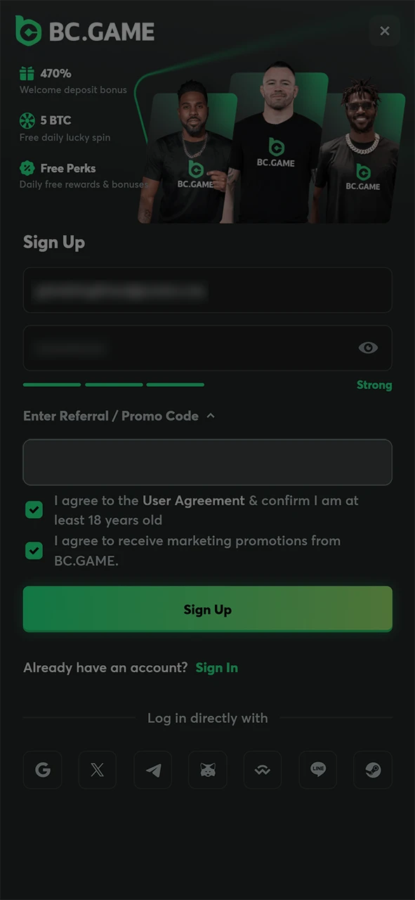Apply the promo code before completing your registration on BC Game.