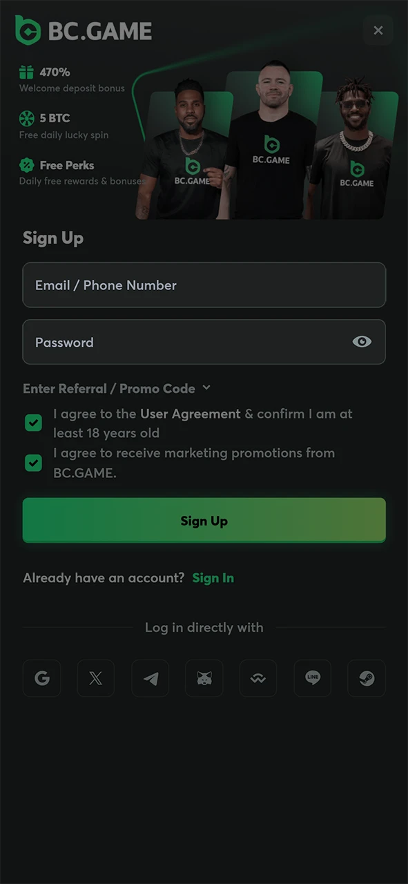 Enter the information required to register on BC Game.