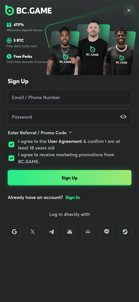 Go to the official BC Game website and start the registration process.