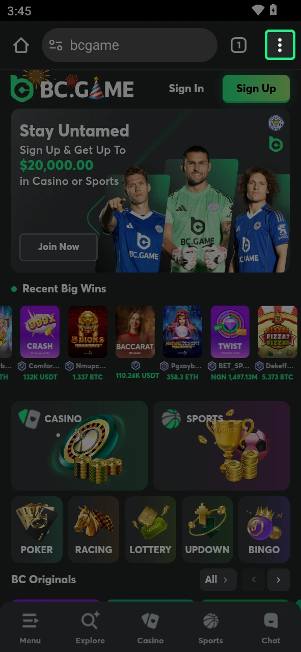 Open the browser menu to install the BC Game app for Android.