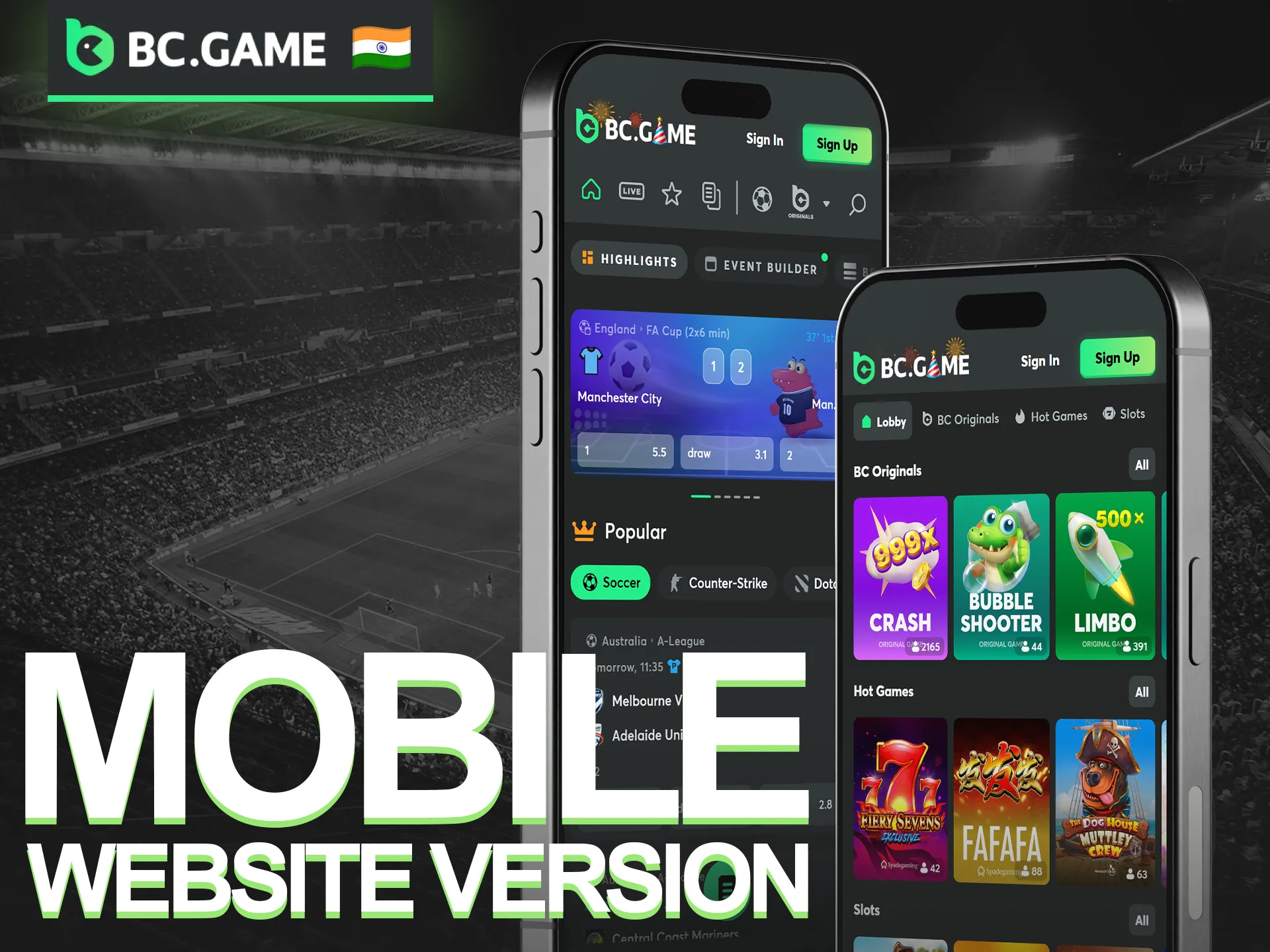 The mobile website mirrors the BC Game app's features, including betting and transactions.