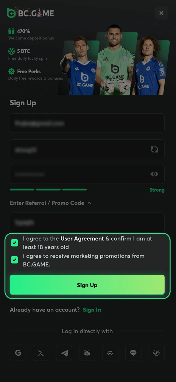 Check the information you have entered and confirm your registration on BC Game.