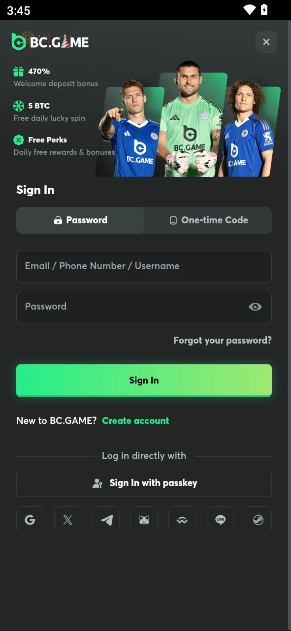 Log in or register through the Android BC Game app to start playing games.