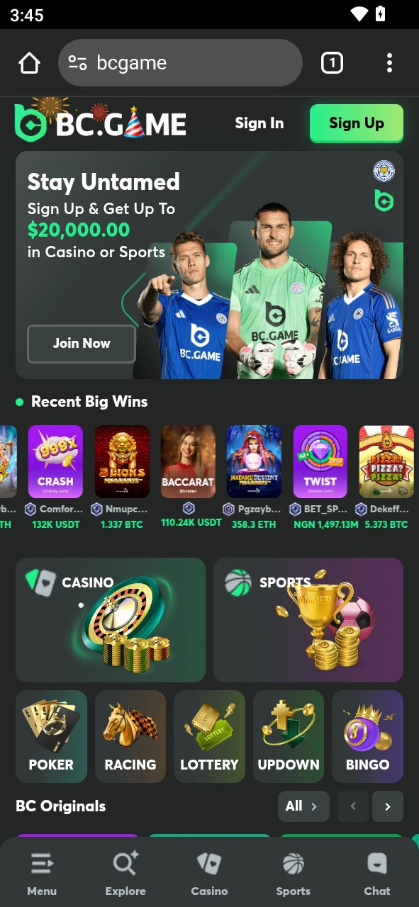 Use Google Chrome to open the official BC Game website and download the Android app.