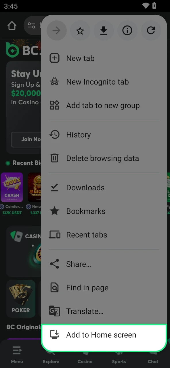 Press the install app button to set up the BC Game Android software.