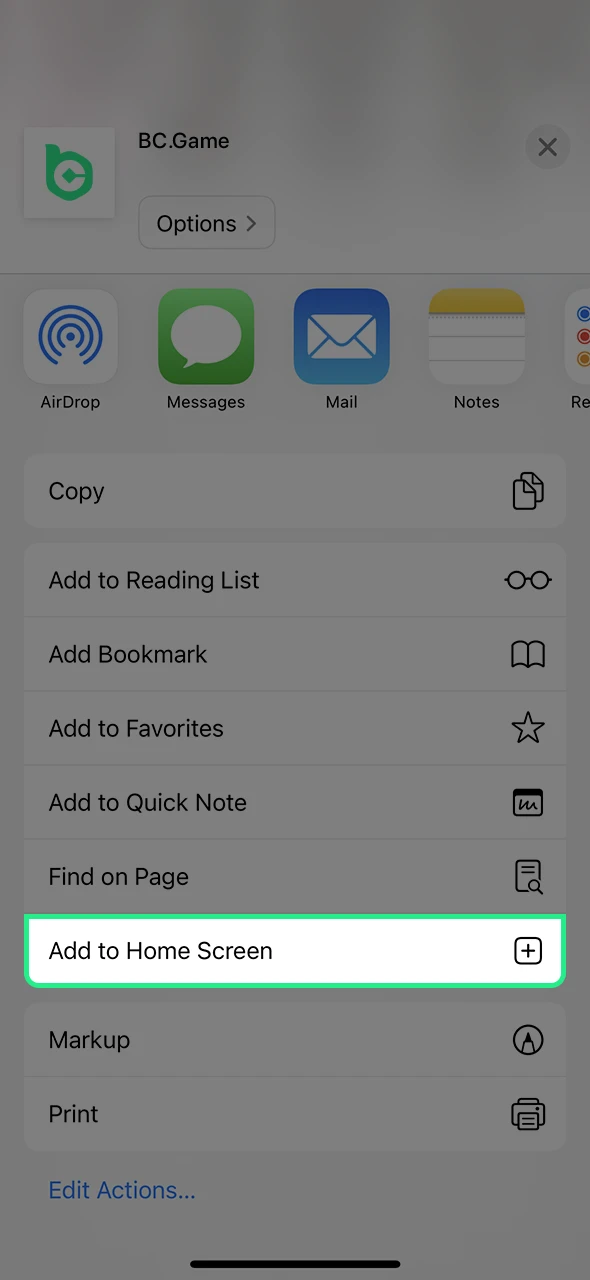 Tap the add to home screen button to install the iOS BC Game shortcut.