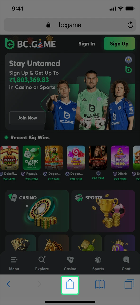 Tap the sharing button in Safari to add the BC Game iOS app.