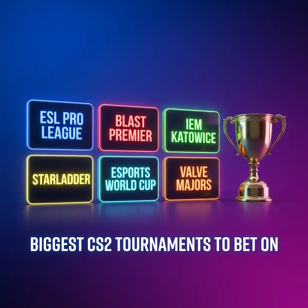 Professional CS2 esports tournament stadium with team logos and championship trophy display for competitive gaming events