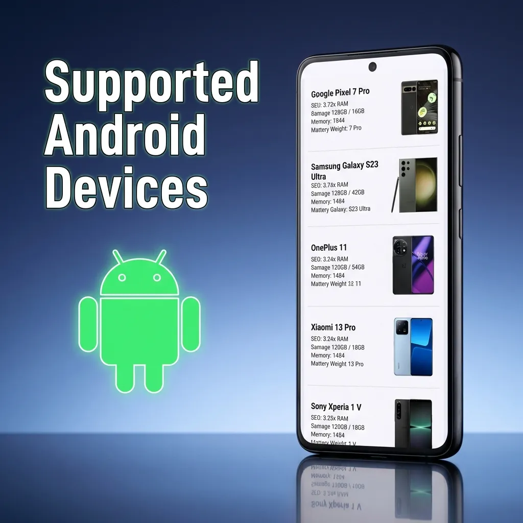 List of supported Android devices including Samsung, Xiaomi, Infinix, Tecno, Google Pixel, OnePlus, and other brands