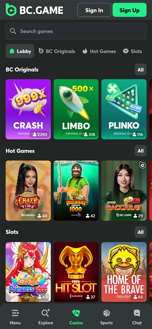 Choose a Casino Game from the extensive library available at BC Game.