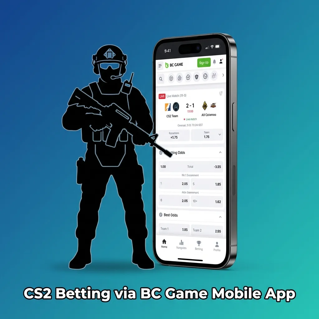 BC Game mobile app interface showing CS2 esports betting options on smartphone with bet slip and match selections