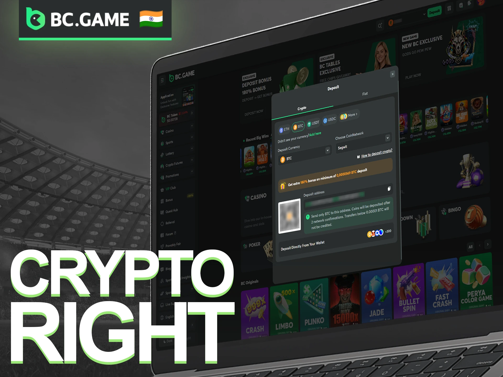 Deposit in Crypto at BC Game to enjoy fast and secure gaming transactions.
