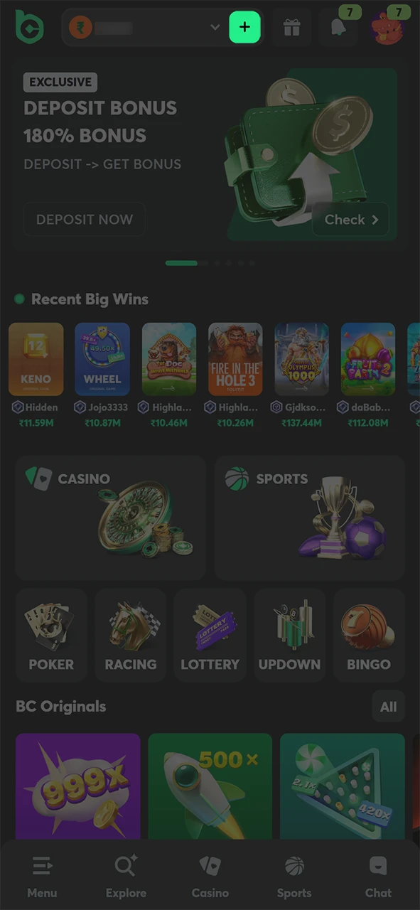 Tap the Deposit Button within the official BC Game interface to proceed.