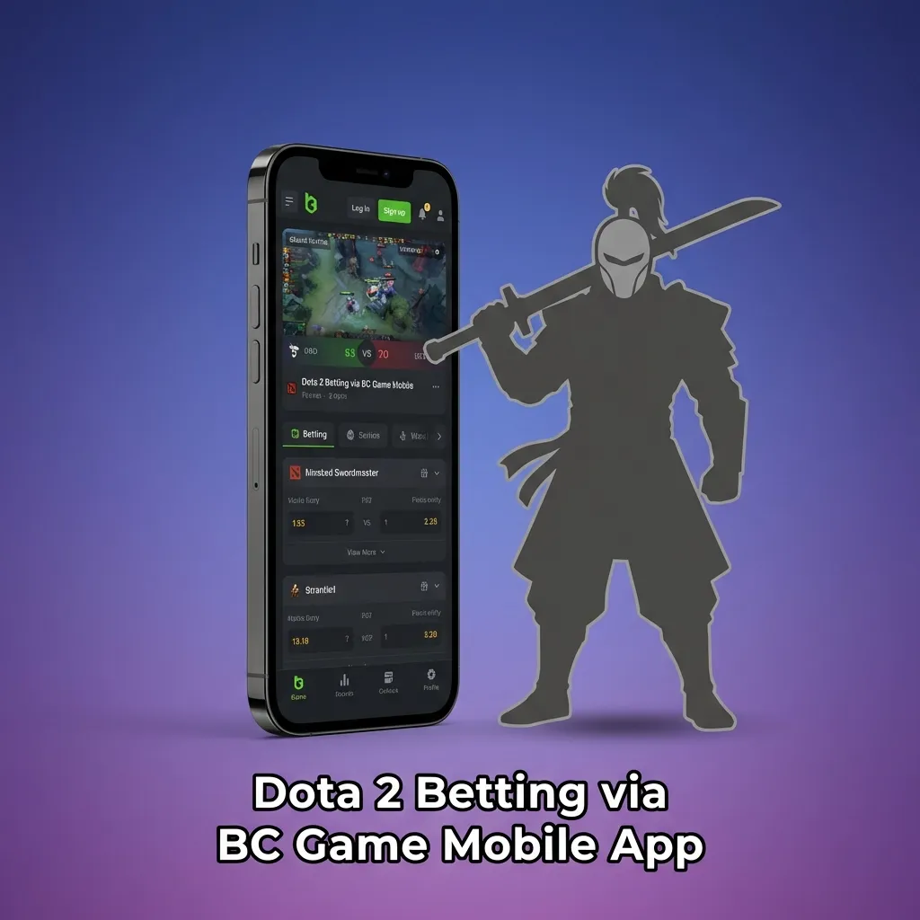 BC Game mobile app interface showing Dota 2 esports betting options and match selection screen