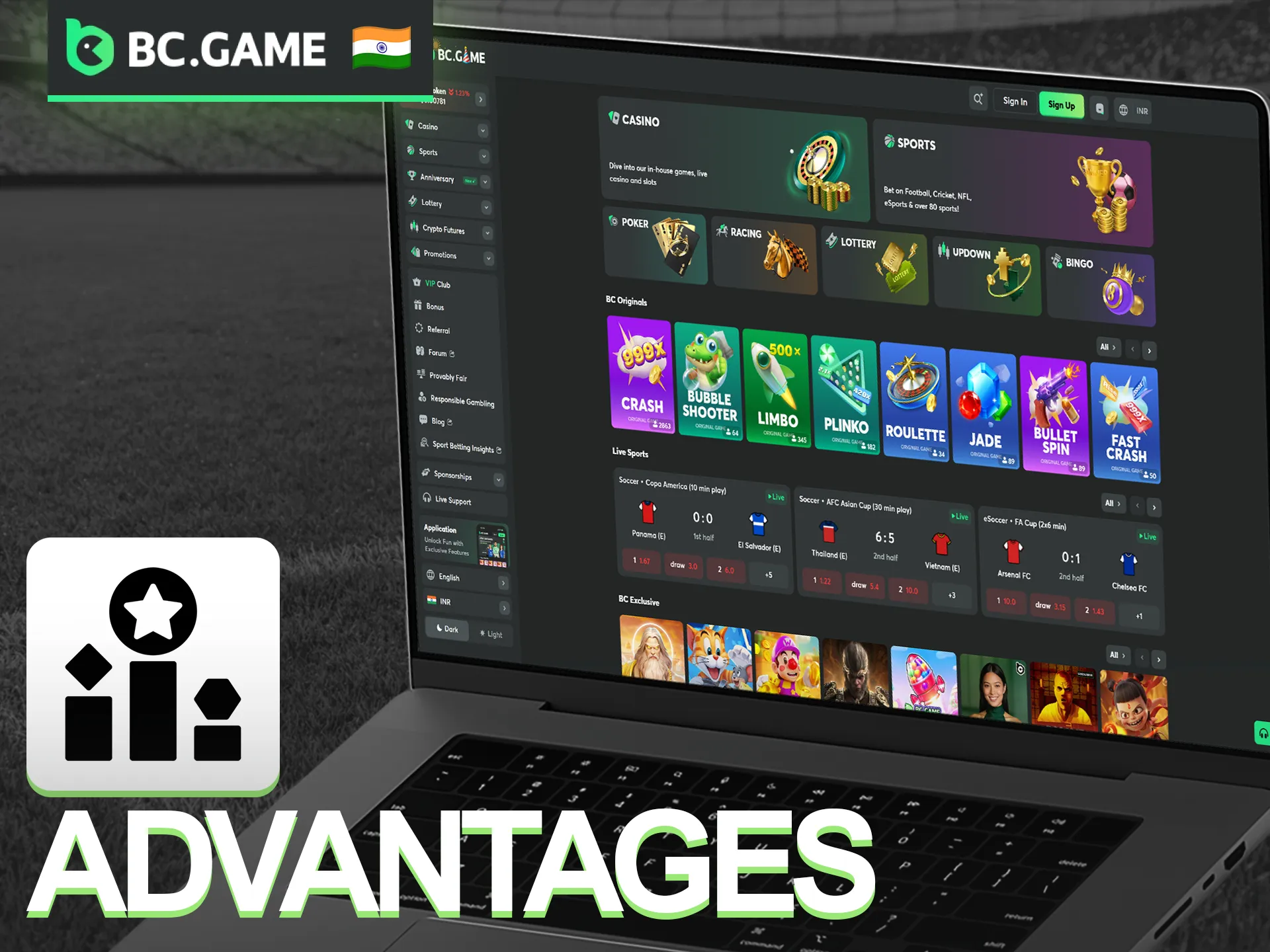Explore the key Advantages of BC Game, including instant crypto transactions and a massive game library.