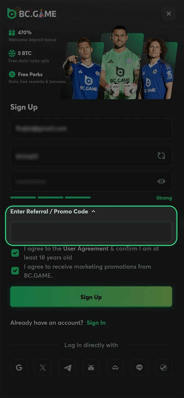 Add a promo code during your BC Game Registration to unlock rewards.