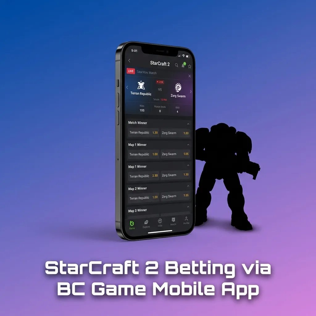 BC Game mobile app interface showing StarCraft II betting options and navigation menu on smartphone screen