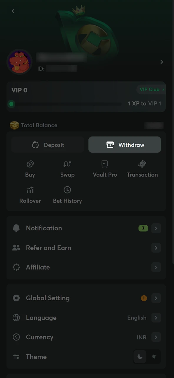 Tap the Withdraw Button in the menu to continue your BC Game Withdraw.