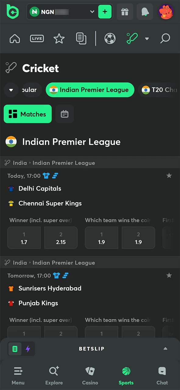 Navigate to the athletic wagering area for BC Game IPL matches.