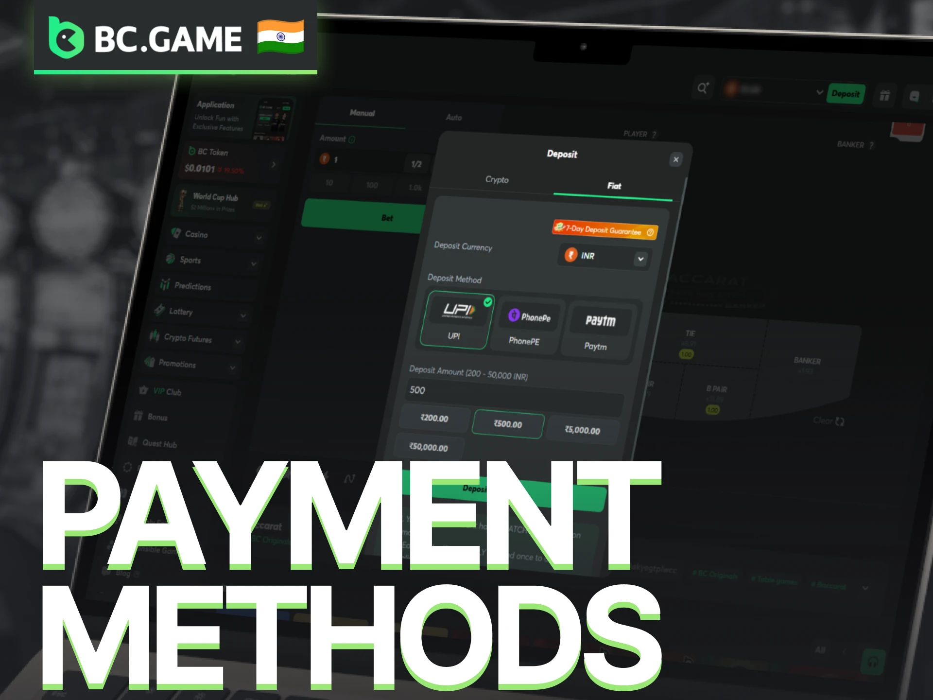 Use supported payment methods on BC Game for Baccarat deposits and withdrawals.