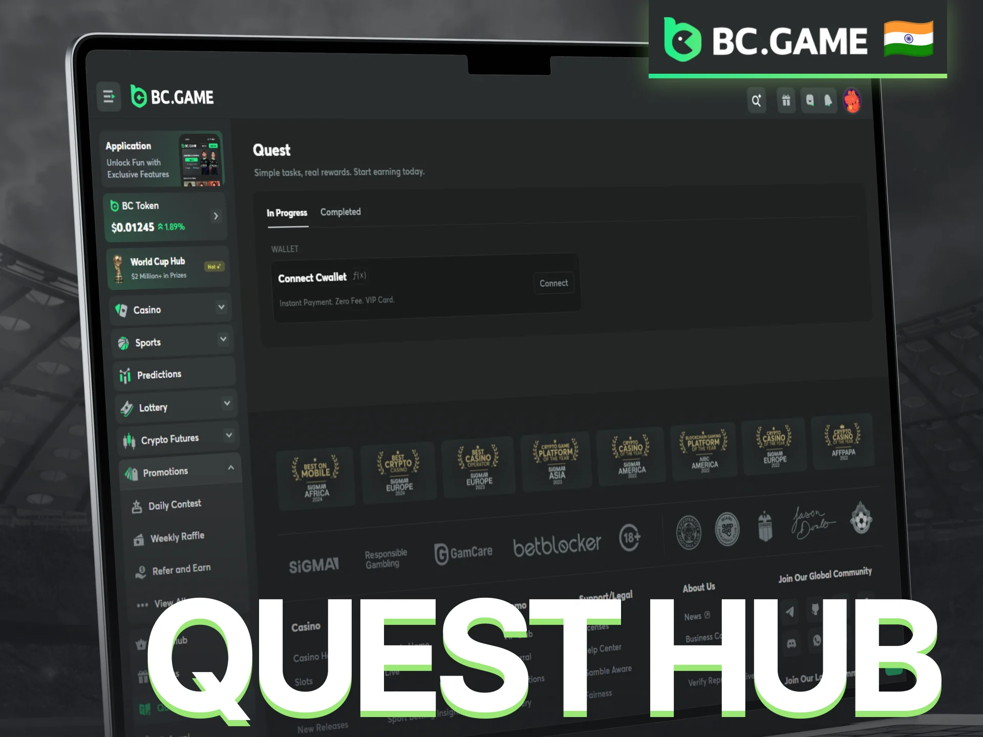 Complete challenges in the BC Game Quest Hub to unlock rewards.