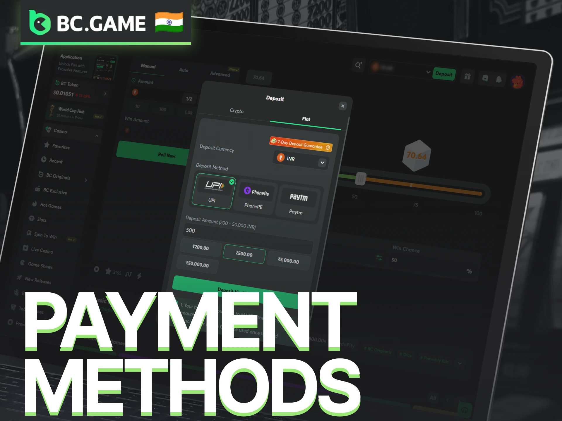 Use supported payment methods on BC Game for Classic Dice deposits and withdrawals.