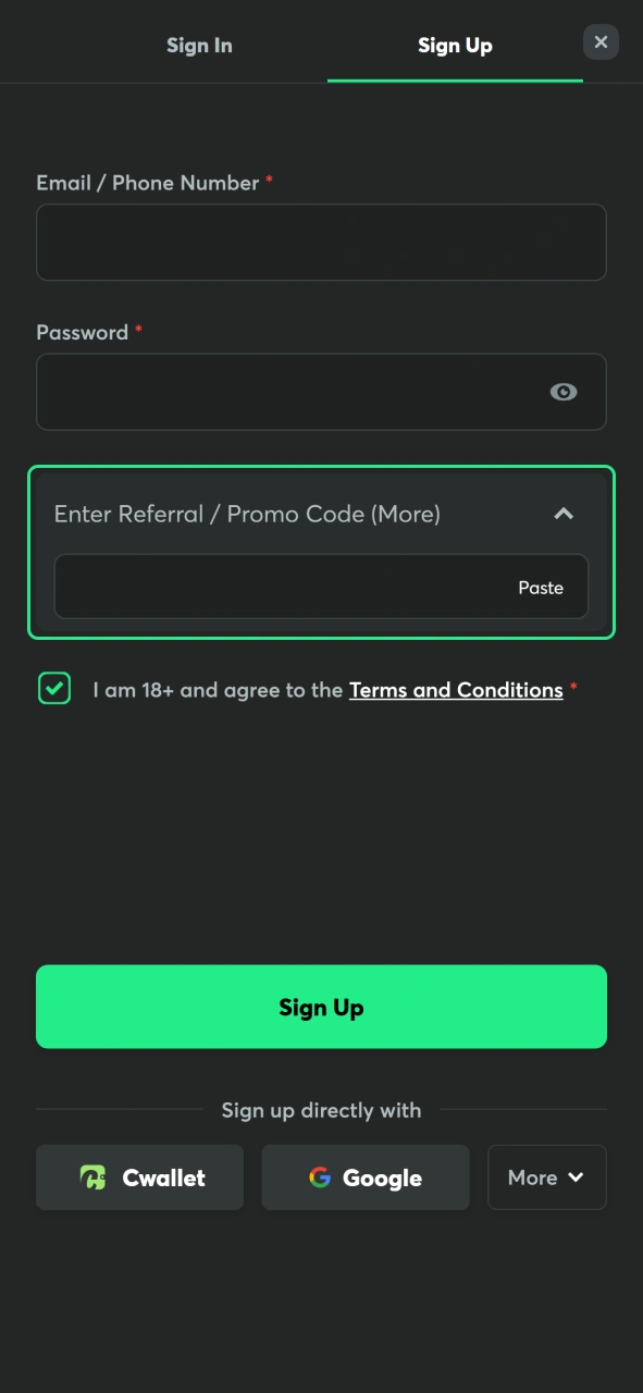 Add a promo code when registering on BC Game to unlock rewards.