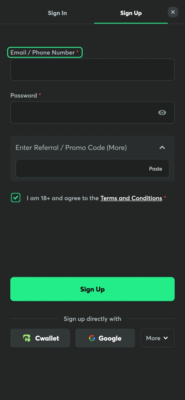 Choose a registration method that suits your preferences on BC Game.