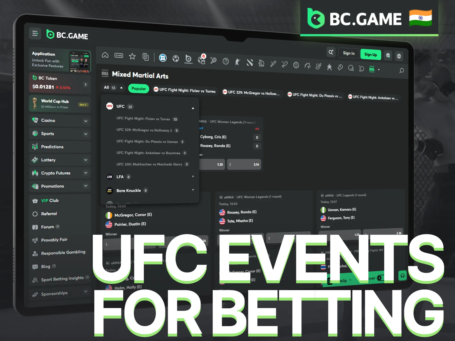 Discover popular UFC events available for betting on BC Game.