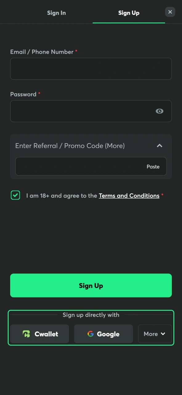 Register through social media to create a BC Game account quickly.