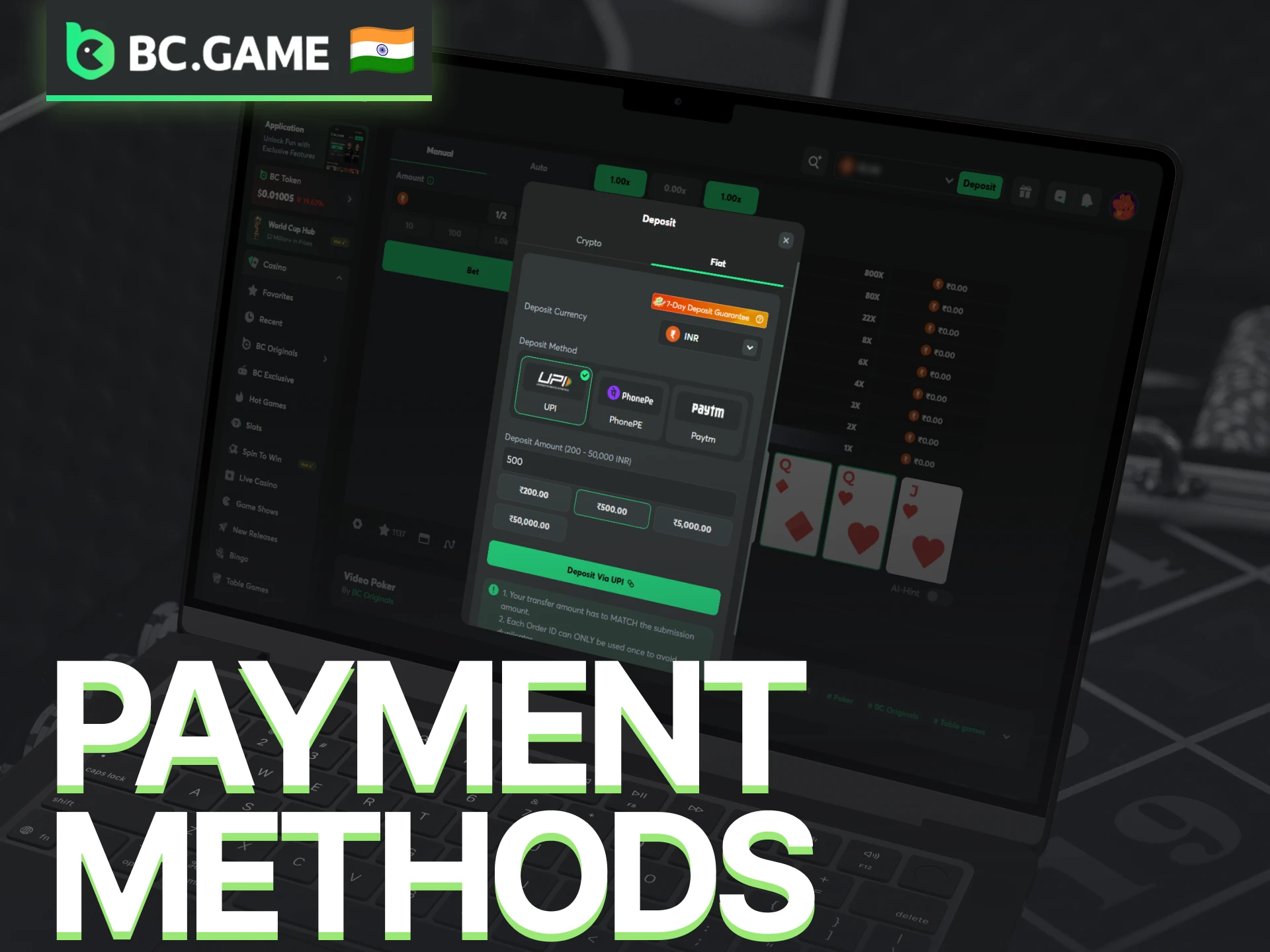 Use supported payment methods on BC Game for Video Poker deposits and withdrawals.