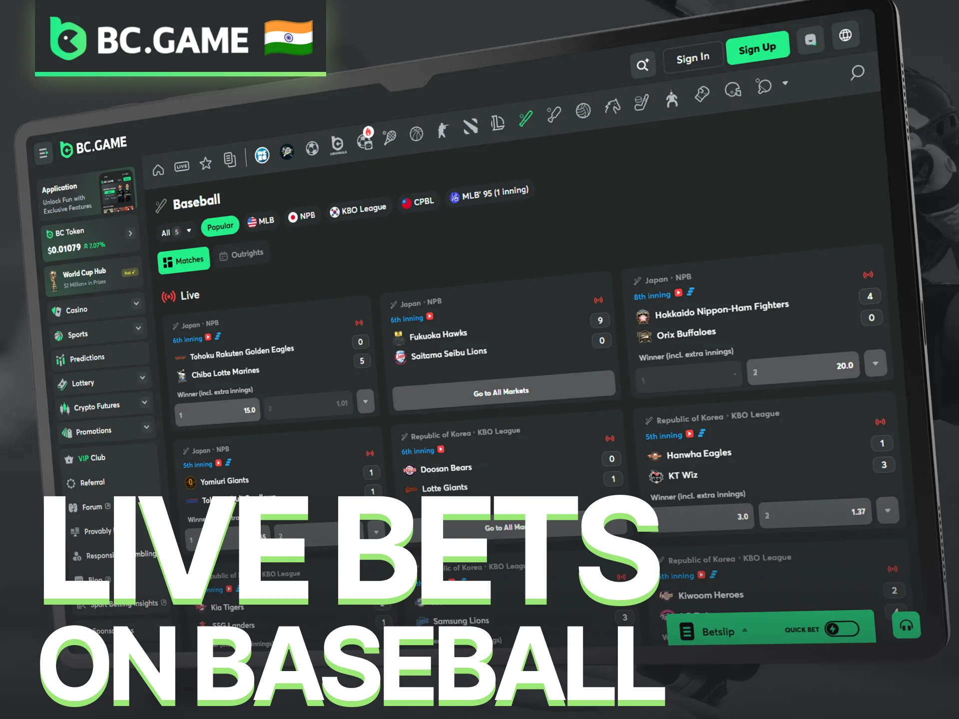 Track every pitch with live baseball betting and in-play odds on BC Game.
