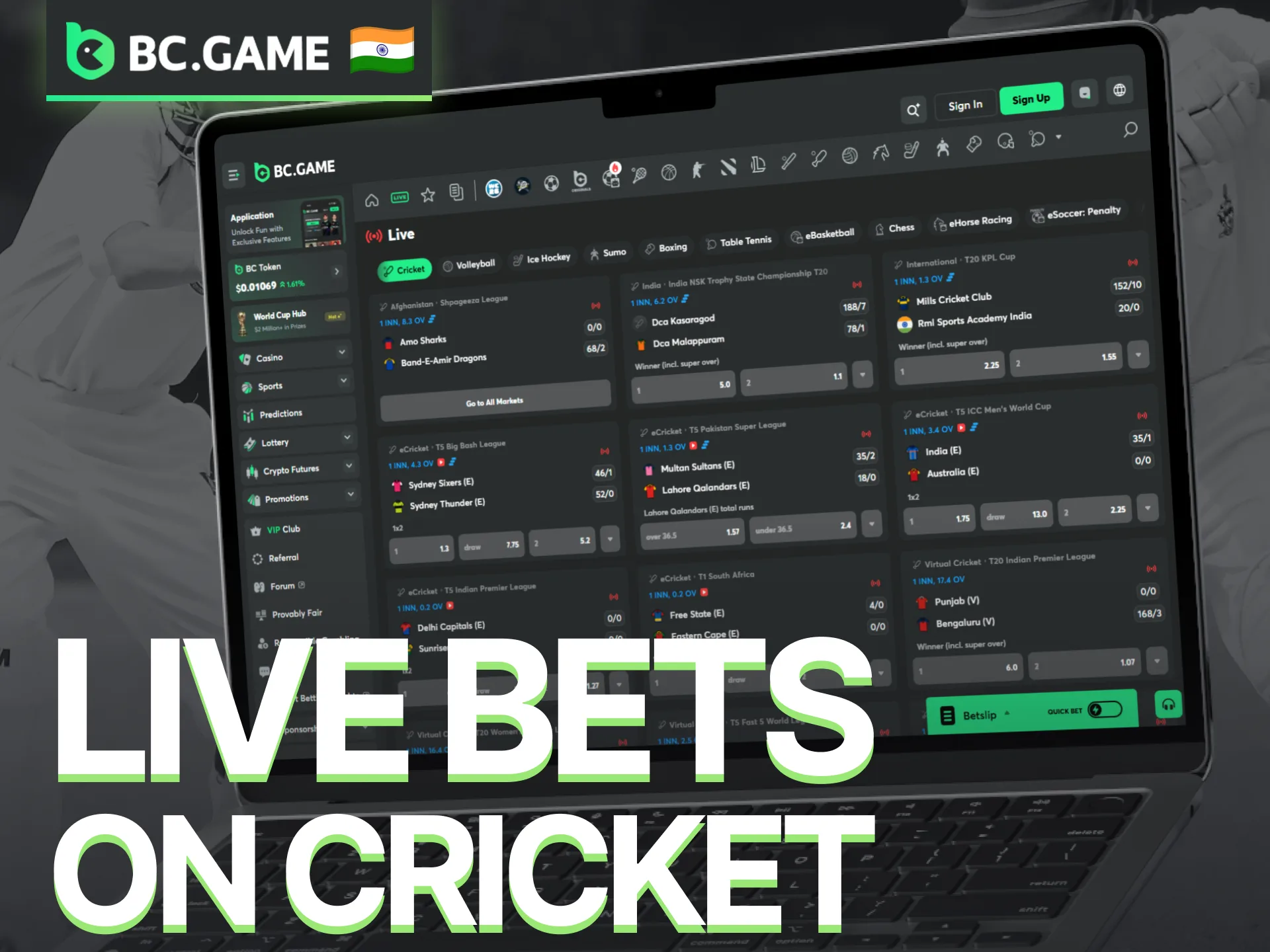 Experience live cricket betting with dynamic odds on the BC Game sportsbook.